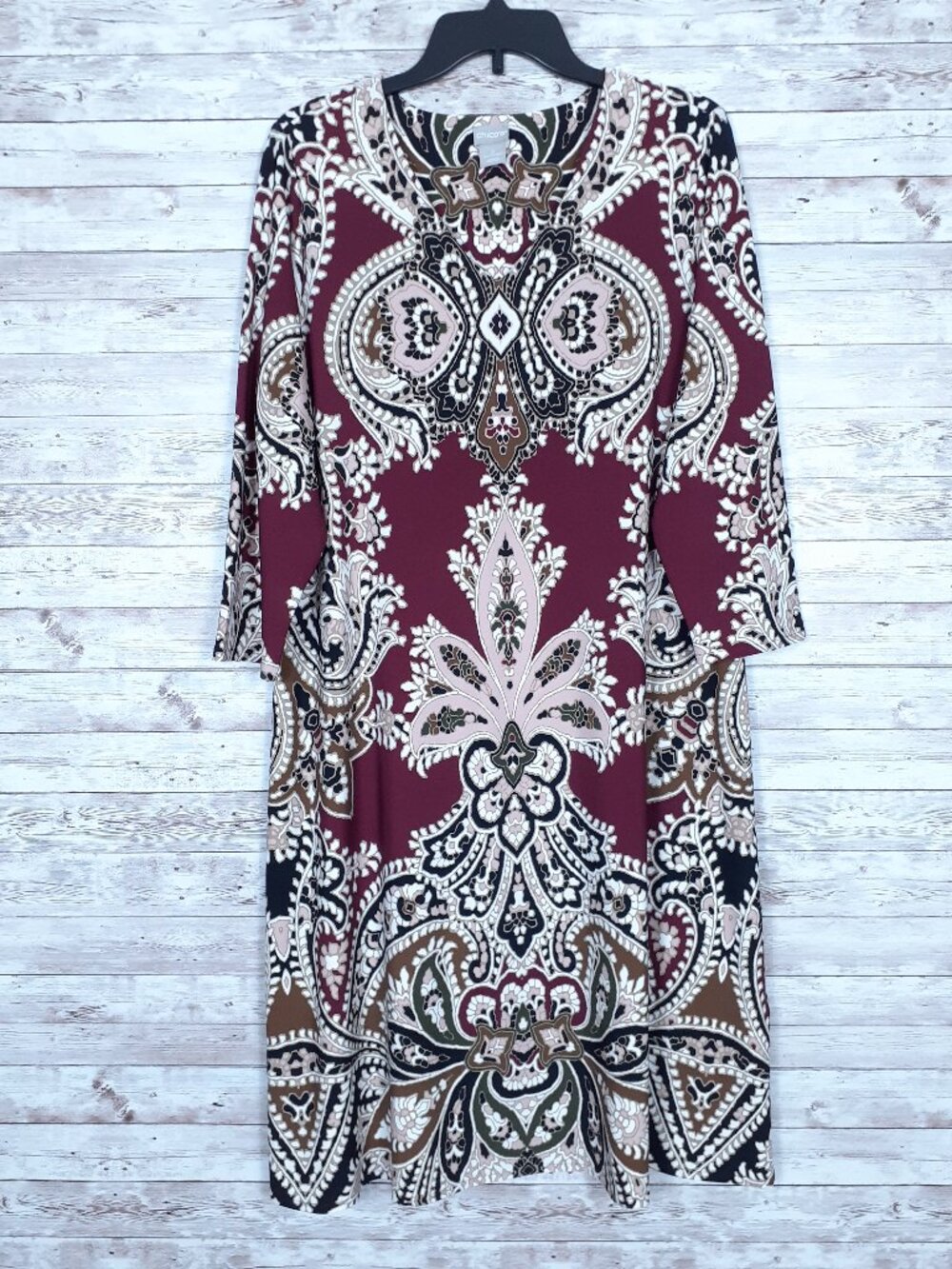 Chicos Womens Shift Dress Size 2 12/14 V-Neck Paisley 3/4 Sleeve Stretch 933A